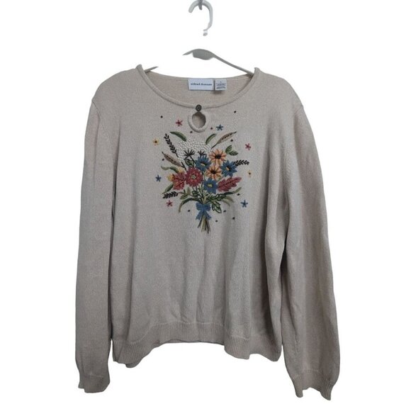 Alfred Dunner Sweaters - Alfred Dunner Vintage Cottagecore Beige Embroidered Floral Sweater Women's XL